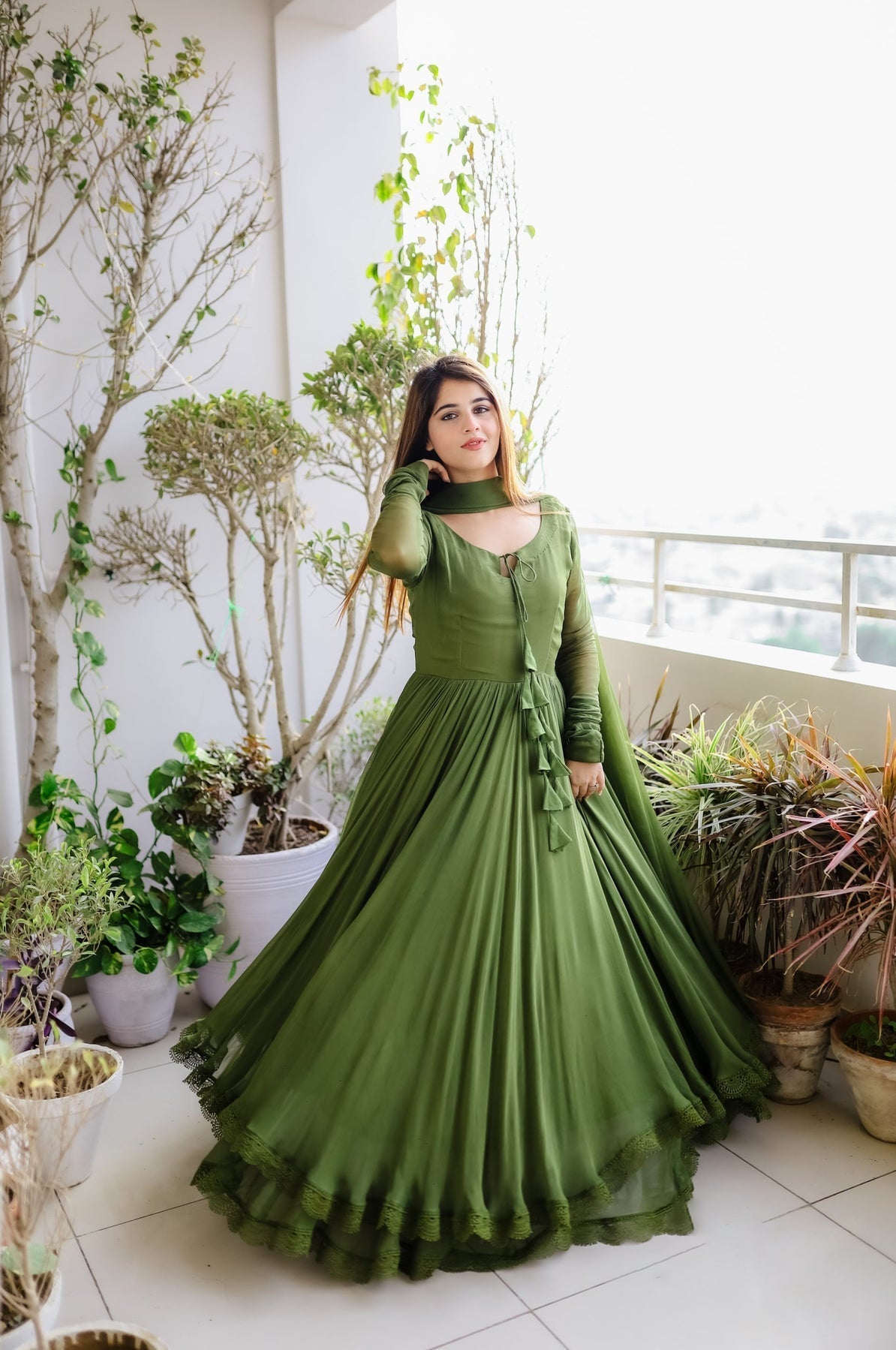 Green Long Double Layer Anarkali Set