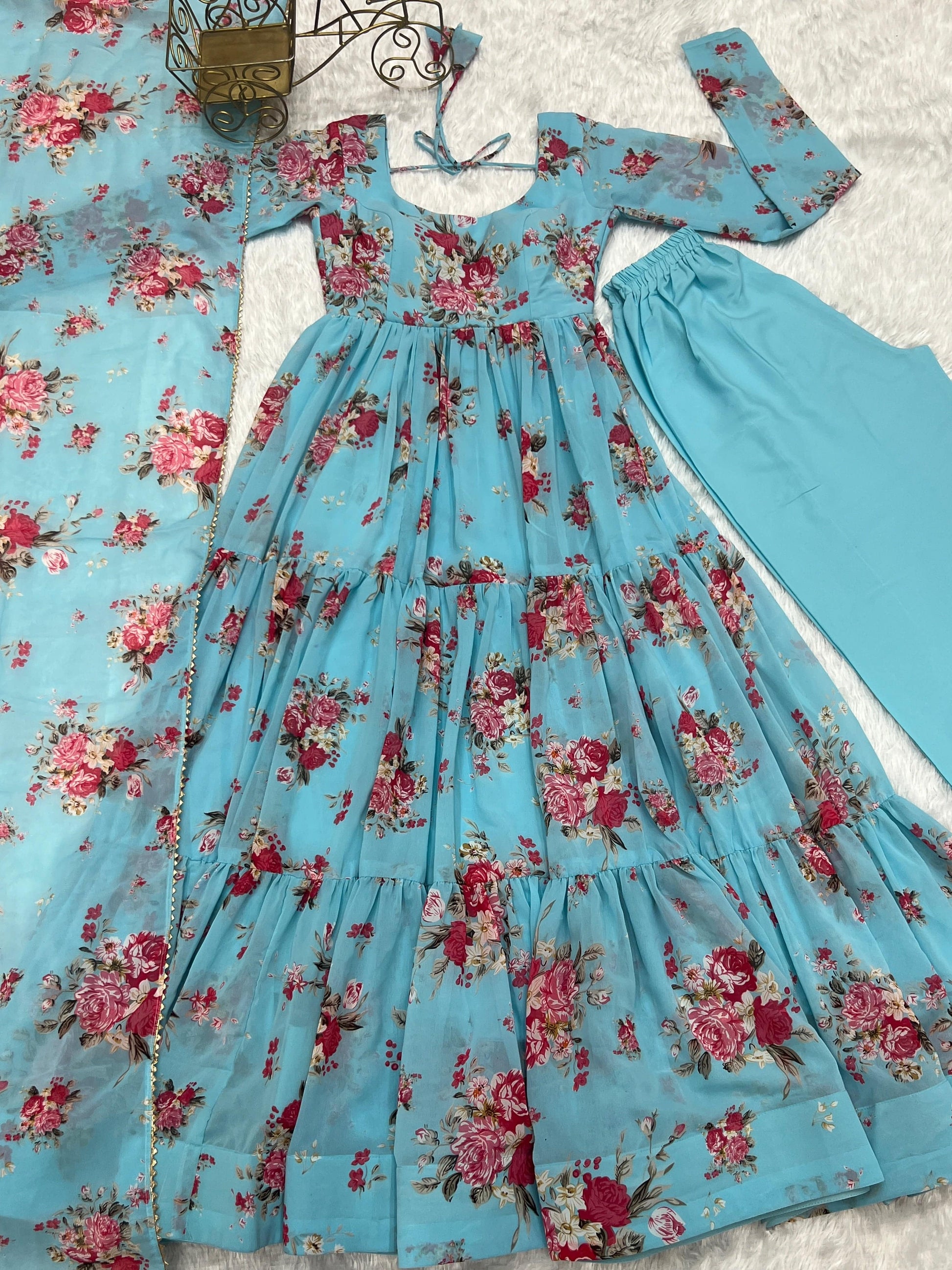 Radiant Sky Blue Floral Printed Fully Stitched Anarkali Pant Suit - INDIAN ELEGANCE