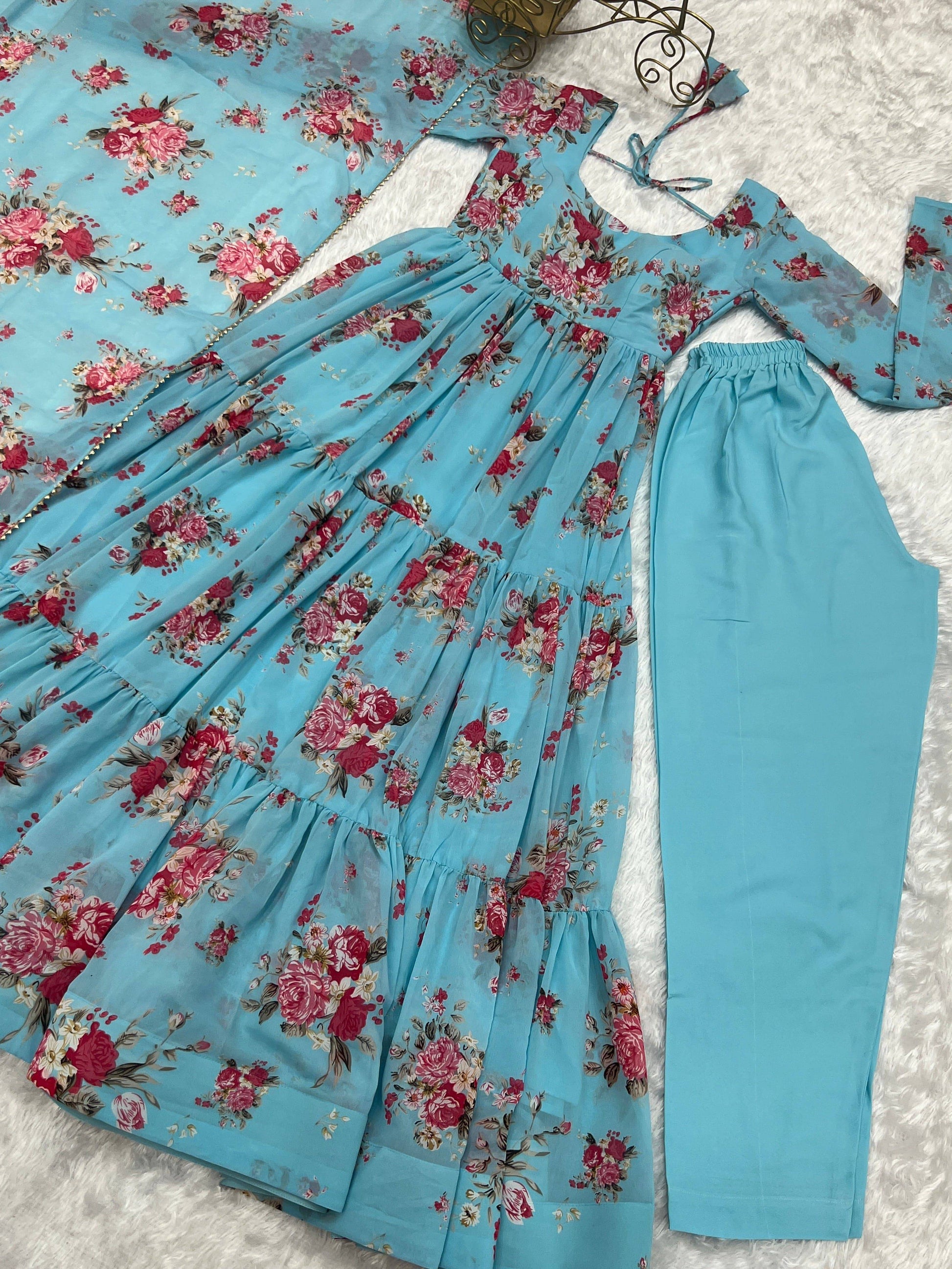 Radiant Sky Blue Floral Printed Fully Stitched Anarkali Pant Suit - INDIAN ELEGANCE