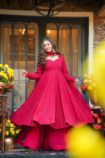 Elegance Pink Faux Blooming Kurta Sharara Set With Sequins & Zari Work