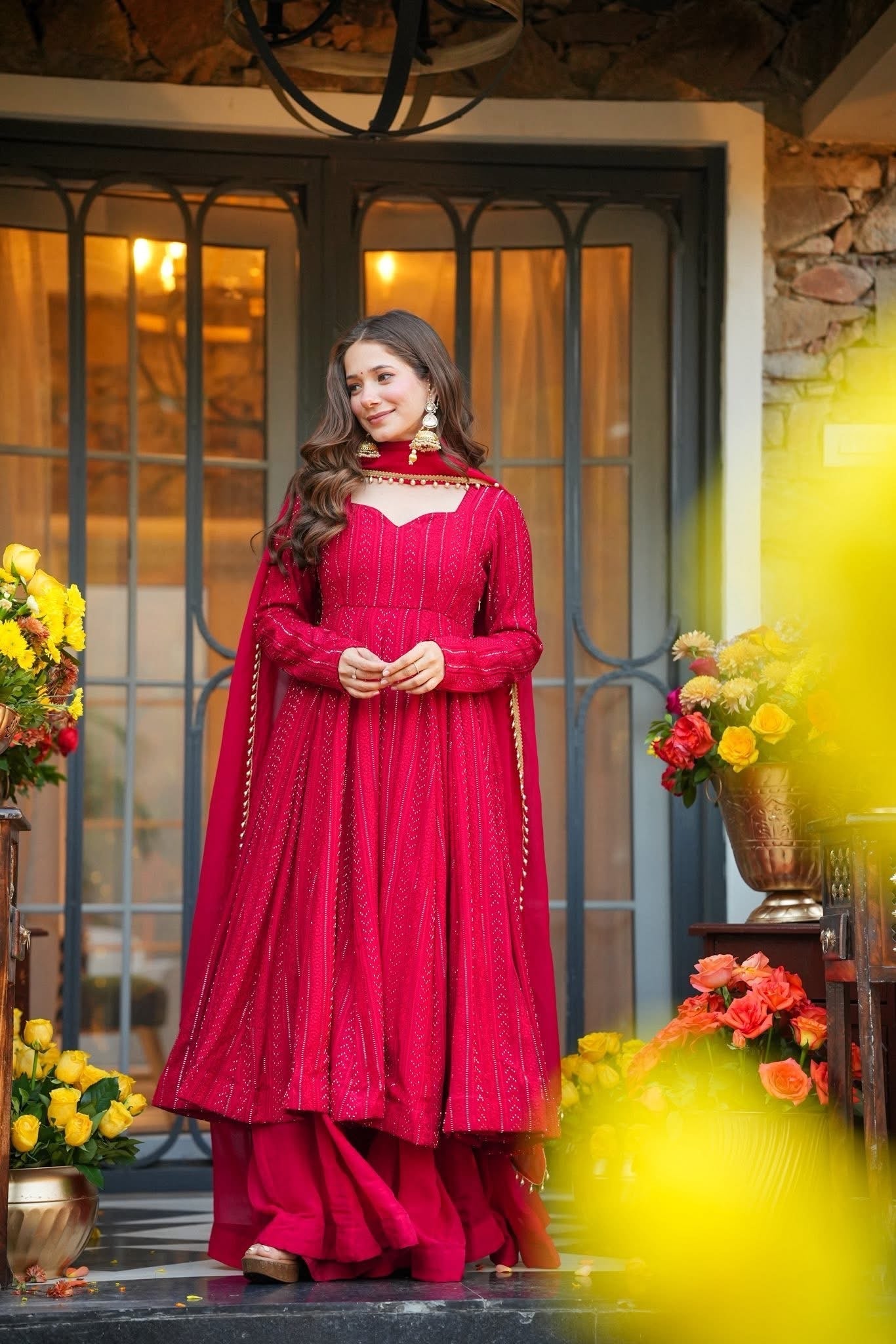 Elegance Pink Faux Blooming Kurta Sharara Set With Sequins & Zari Work