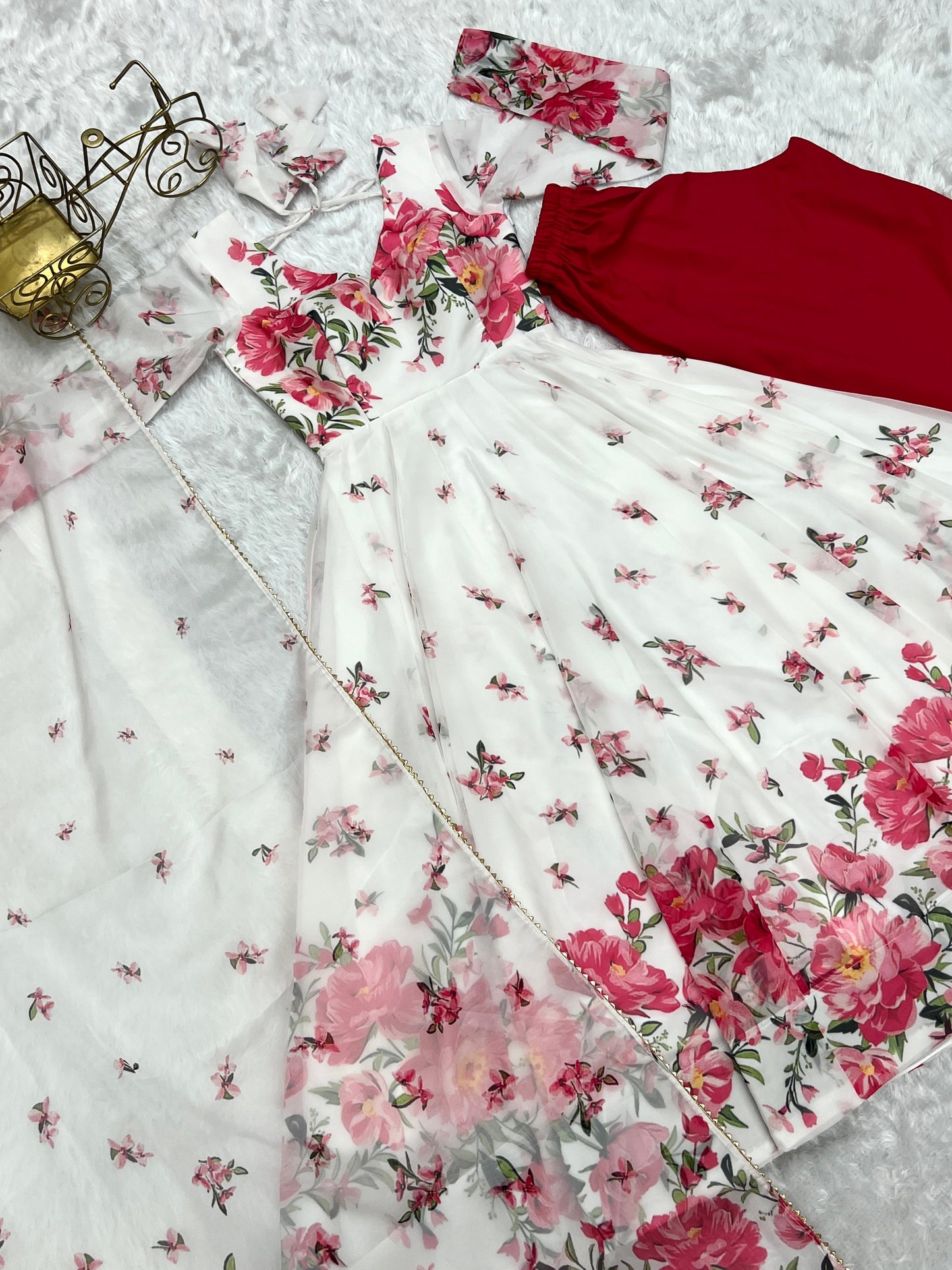 Polished White Organza Silk Floral Printed Anarkali Pant Suit - INDIAN ELEGANCE