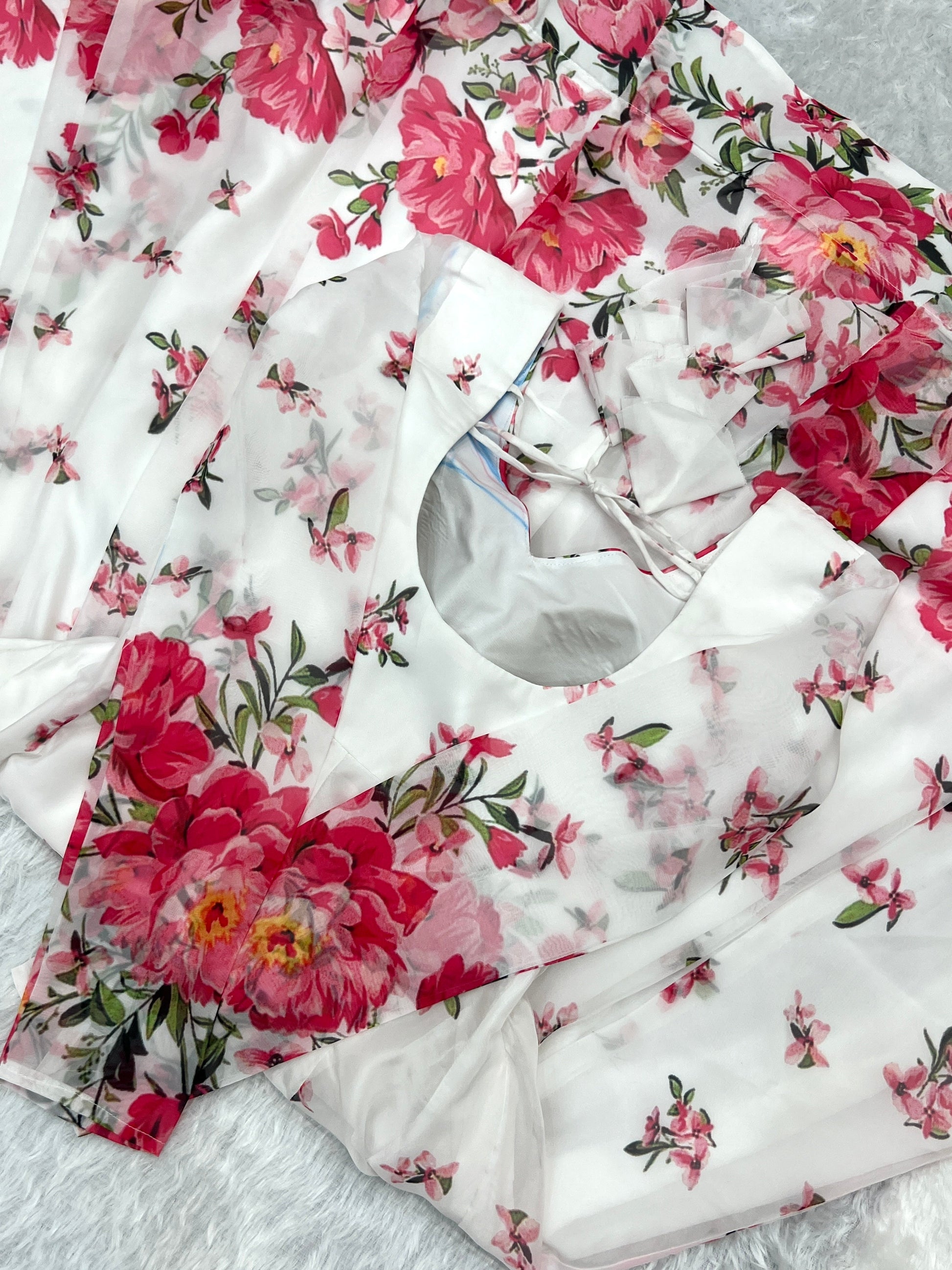 Polished White Organza Silk Floral Printed Anarkali Pant Suit - INDIAN ELEGANCE