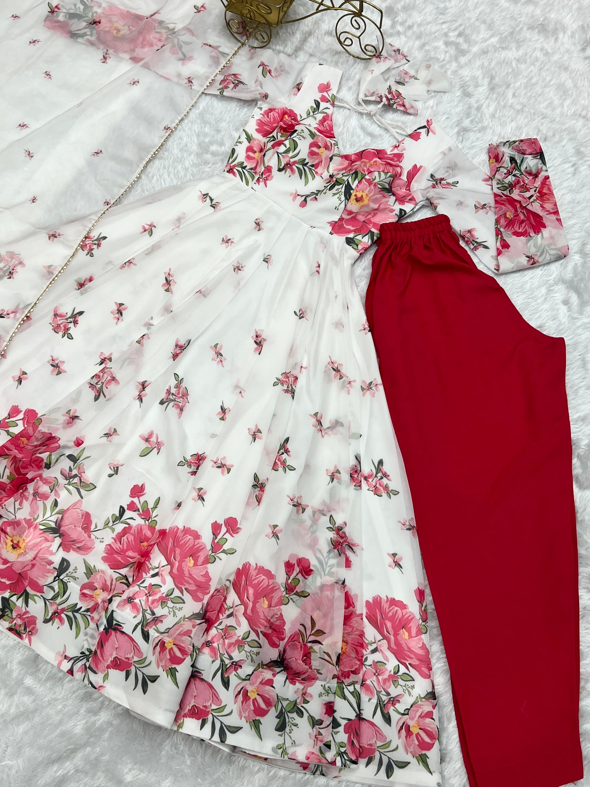 Polished White Organza Silk Floral Printed Anarkali Pant Suit - INDIAN ELEGANCE