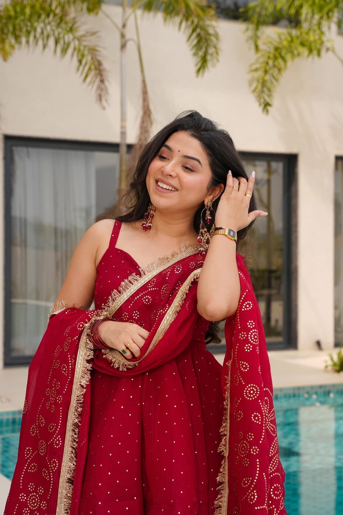 Women's Maroon Organza Silk Peplum Sharara Suit