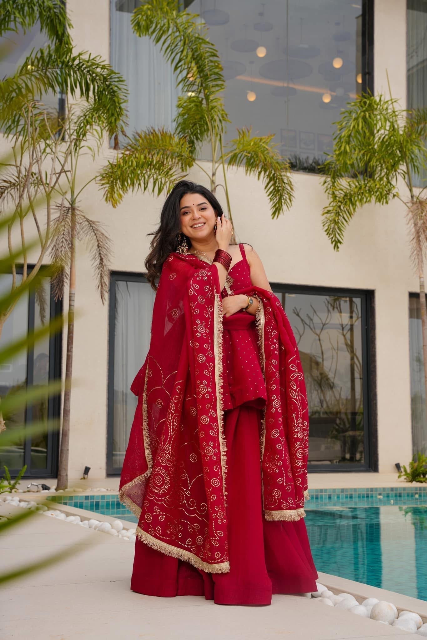 Women's Maroon Organza Silk Peplum Sharara Suit