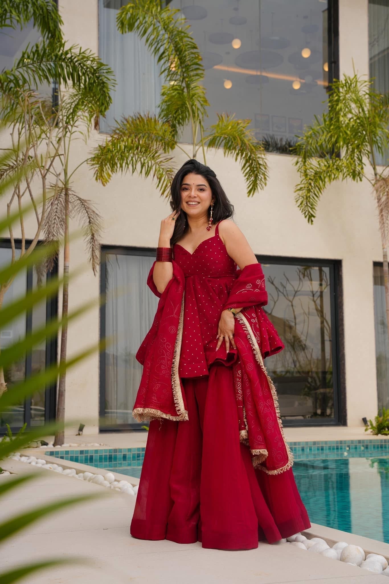 Women's Maroon Organza Silk Peplum Sharara Suit