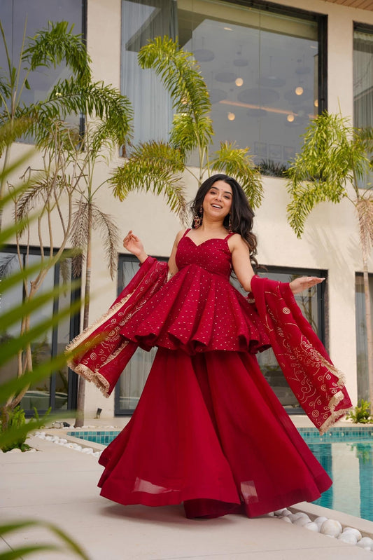 Women's Maroon Organza Silk Peplum Sharara Suit