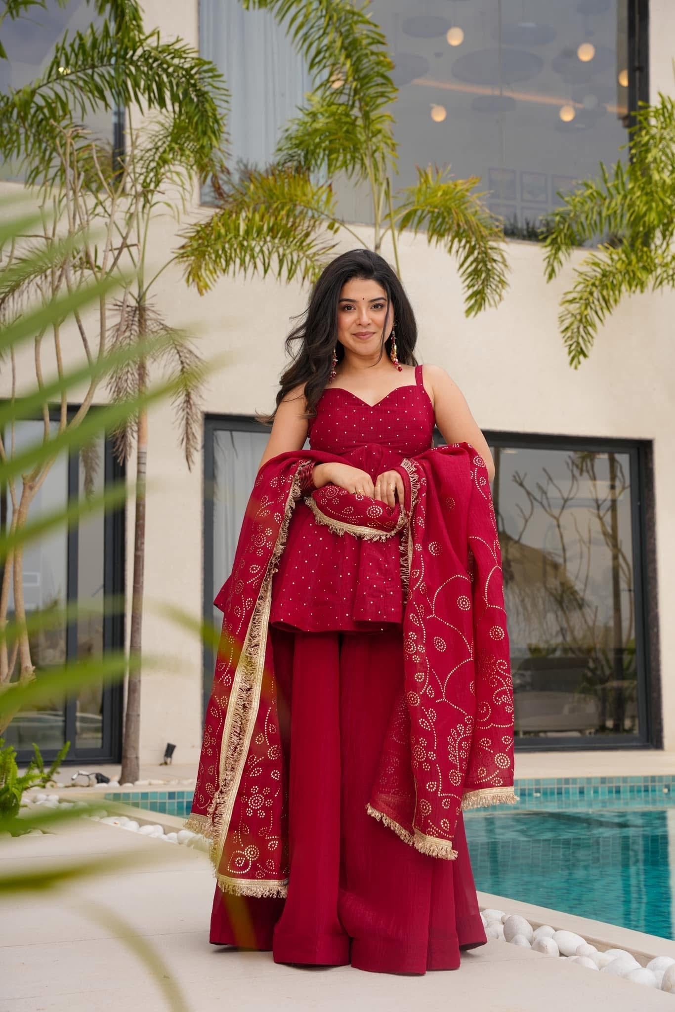 Women's Maroon Organza Silk Peplum Sharara Suit
