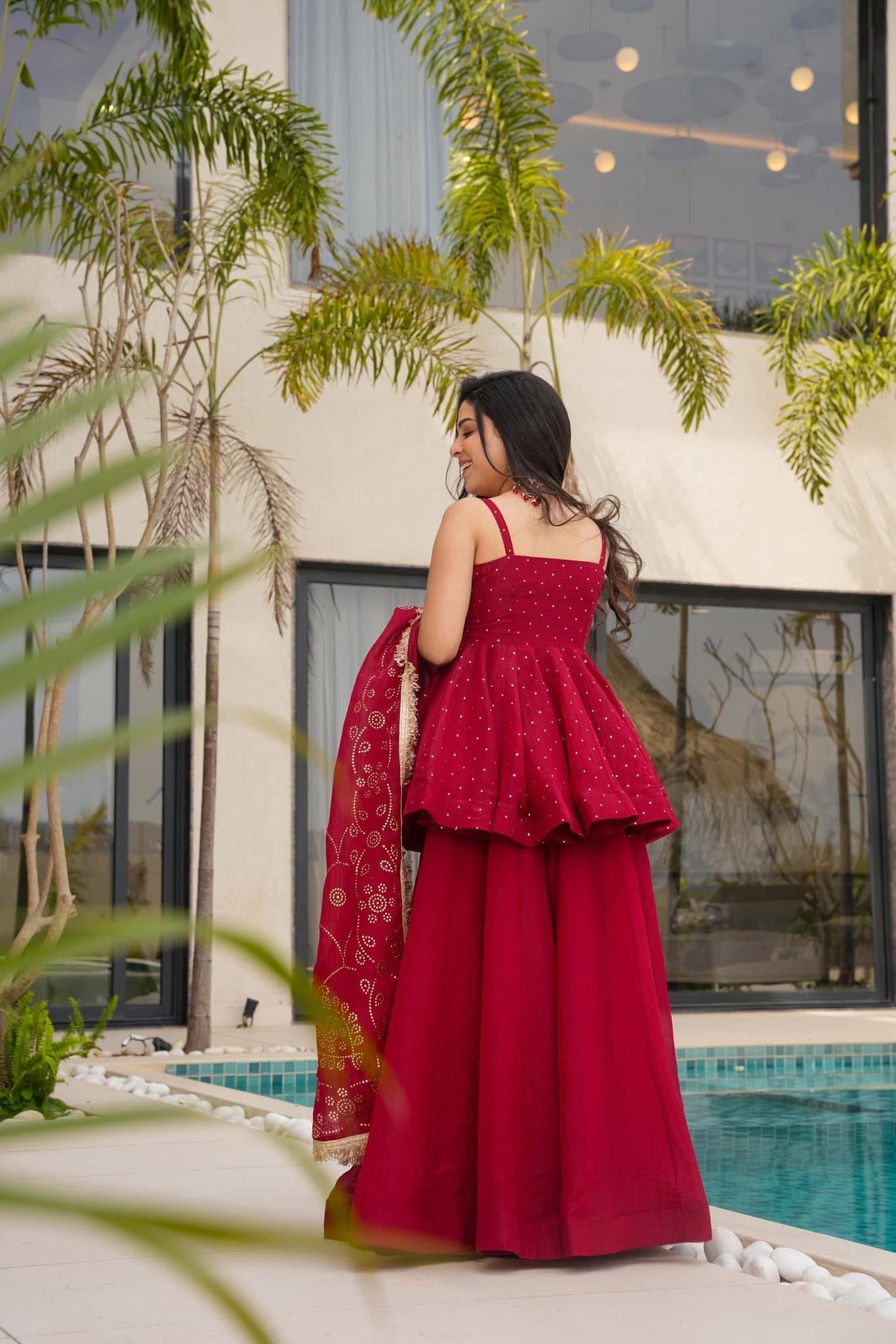 Women's Maroon Organza Silk Peplum Sharara Suit