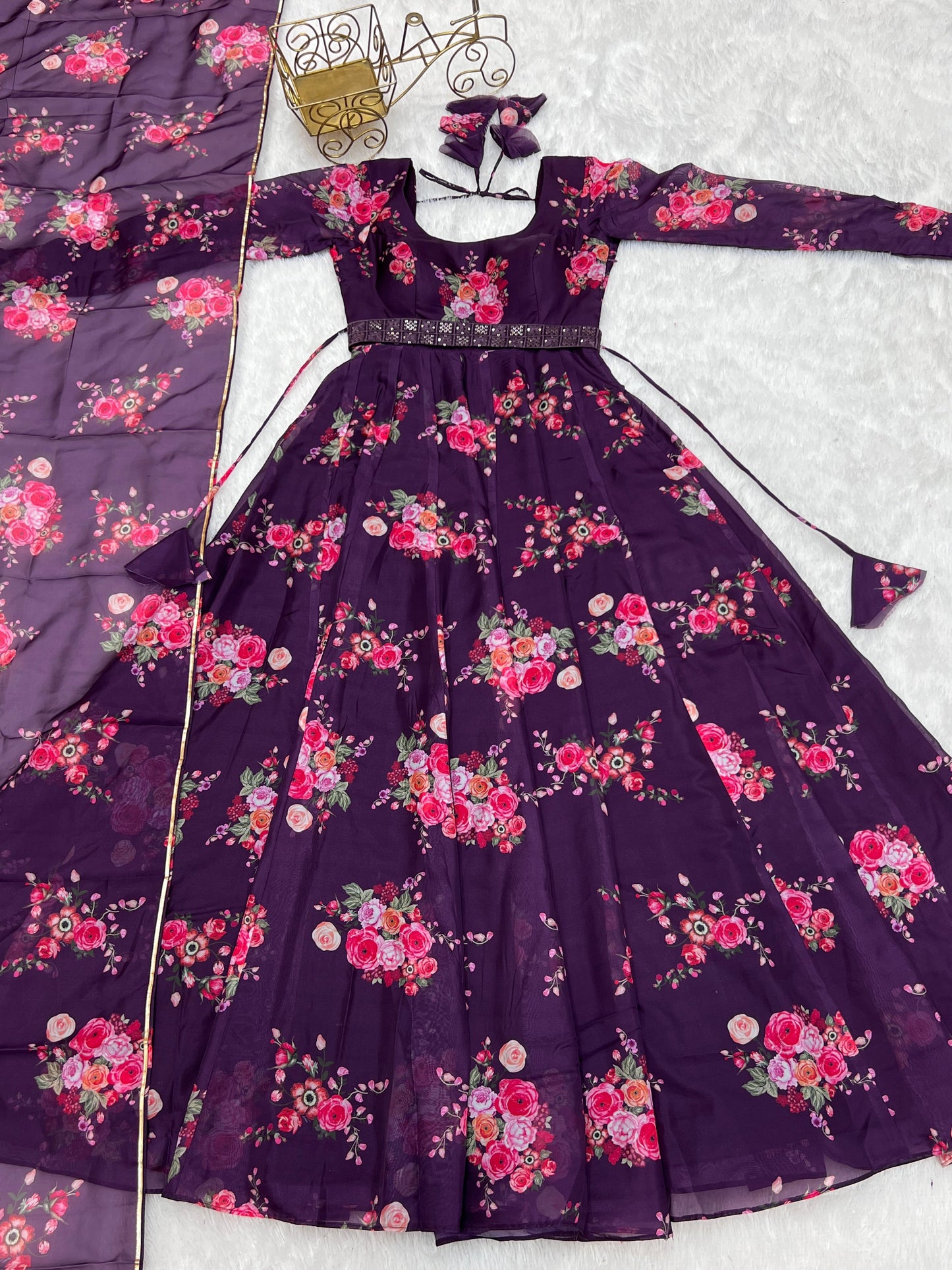 Glamorous Organza Silk Floral Printed Designer Anarkali Pant Suit - INDIAN ELEGANCE