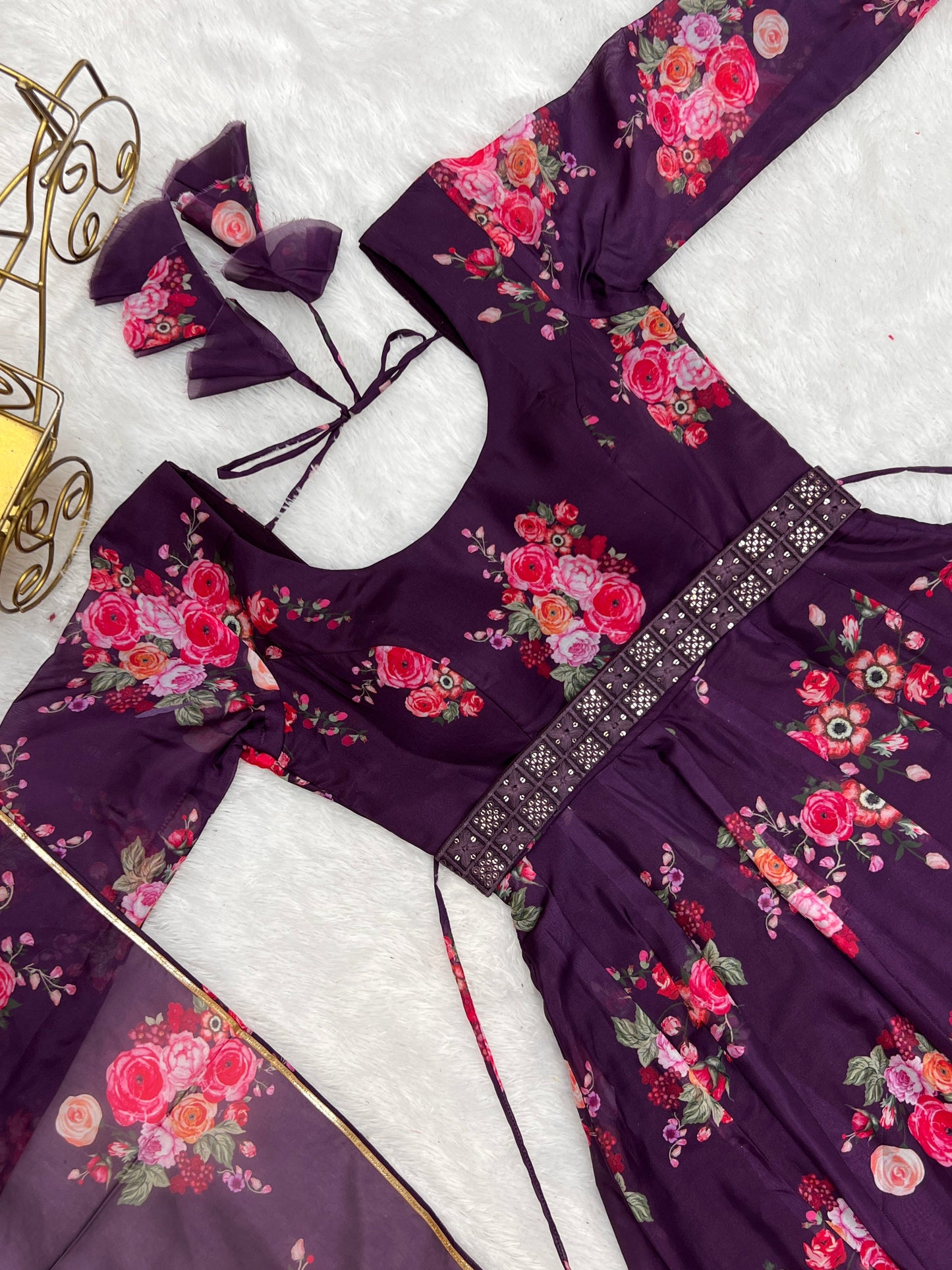 Glamorous Organza Silk Floral Printed Designer Anarkali Pant Suit - INDIAN ELEGANCE