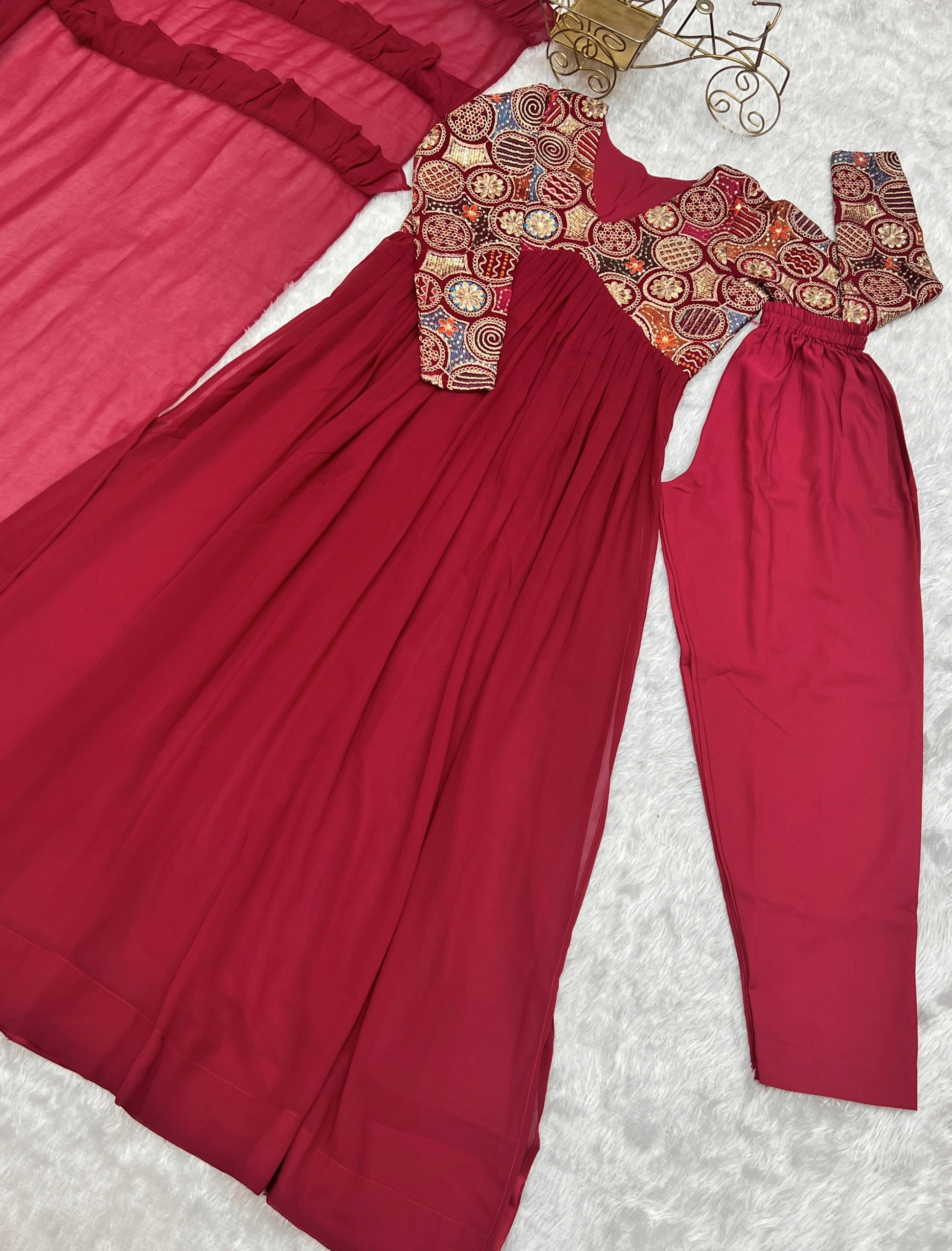 Classy Red Faux Georgette Sequins Dori Thread Zari Worked Anarkali Pant Suit - INDIAN ELEGANCE