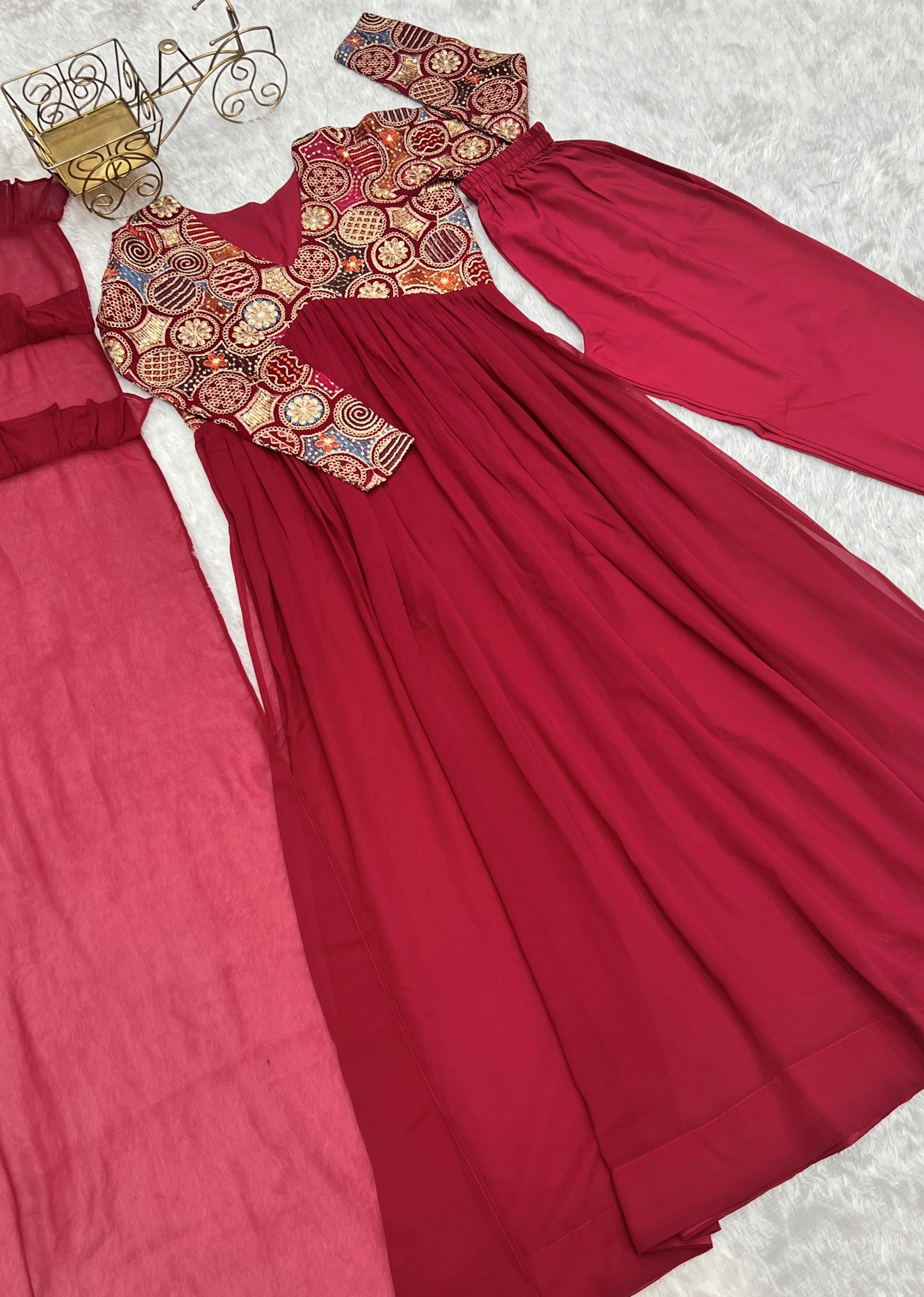 Classy Red Faux Georgette Sequins Dori Thread Zari Worked Anarkali Pant Suit - INDIAN ELEGANCE