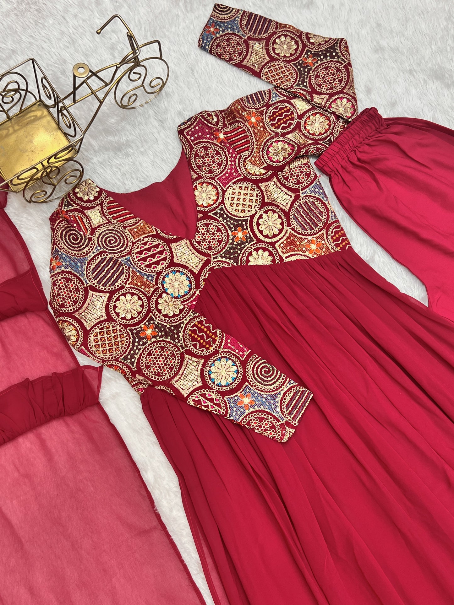 Classy Red Faux Georgette Sequins Dori Thread Zari Worked Anarkali Pant Suit - INDIAN ELEGANCE