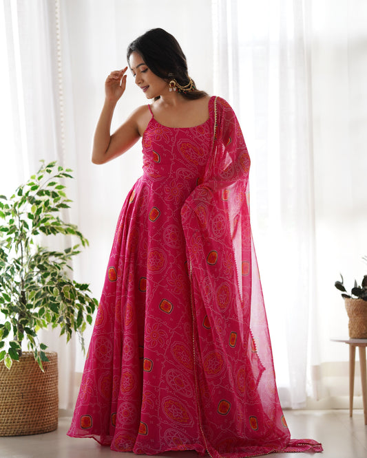 Spectacular Pink Chiffon Bandhej Printed Stitched Anarkali Pant Suit - INDIAN ELEGANCE