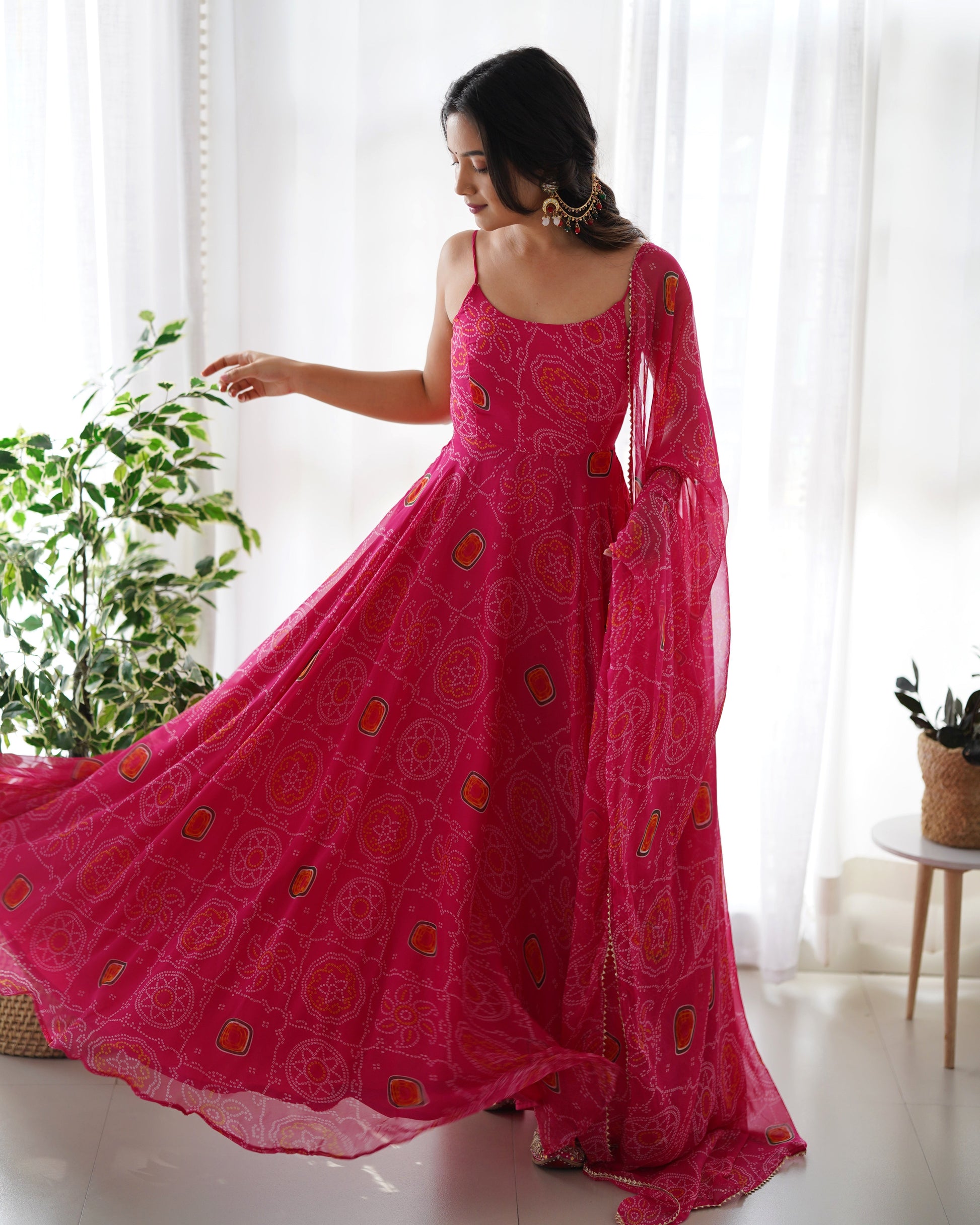 Spectacular Pink Chiffon Bandhej Printed Stitched Anarkali Pant Suit - INDIAN ELEGANCE