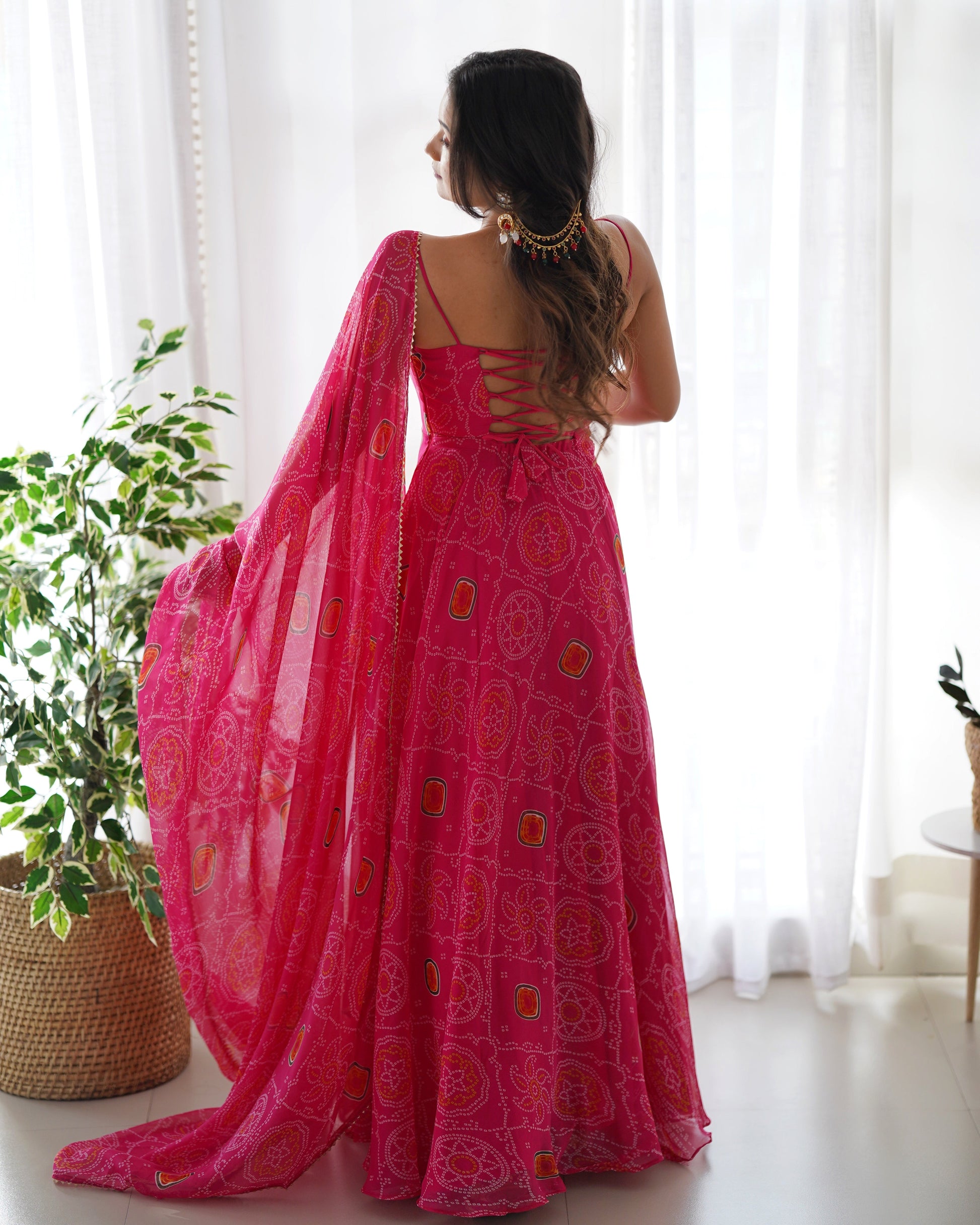 Spectacular Pink Chiffon Bandhej Printed Stitched Anarkali Pant Suit - INDIAN ELEGANCE