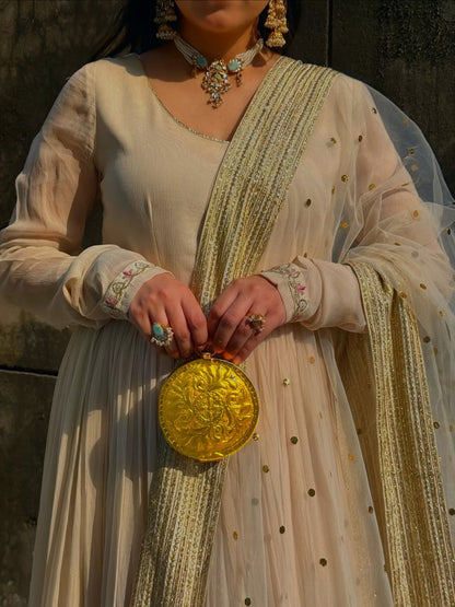 Elegance Ivory Georgette Anarkali Sharara Suit With Sequins &Zari  work