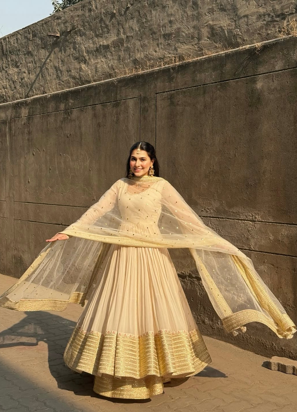 Elegance Ivory Georgette Anarkali Sharara Suit With Sequins &Zari  work