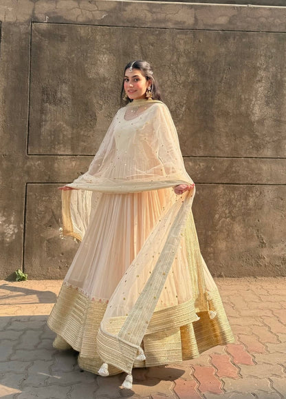 Elegance Ivory Georgette Anarkali Sharara Suit With Sequins &Zari  work
