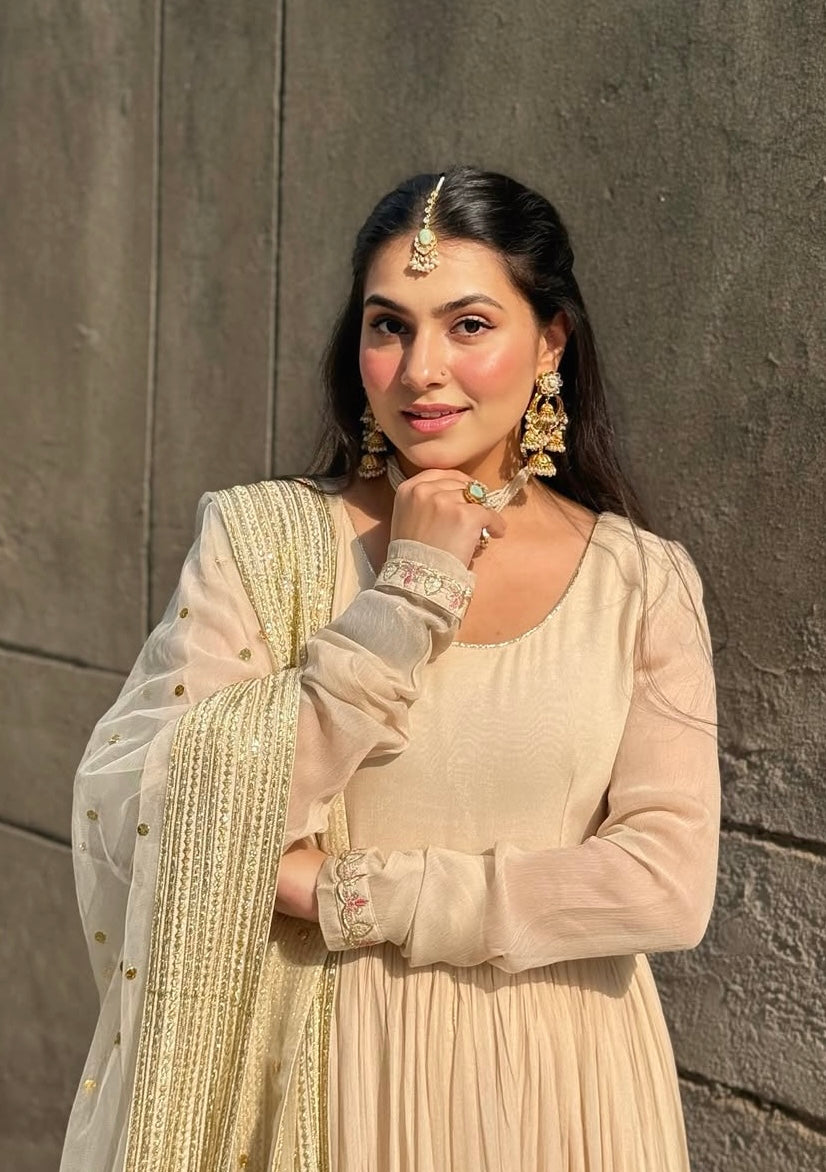 Elegance Ivory Georgette Anarkali Sharara Suit With Sequins &Zari  work