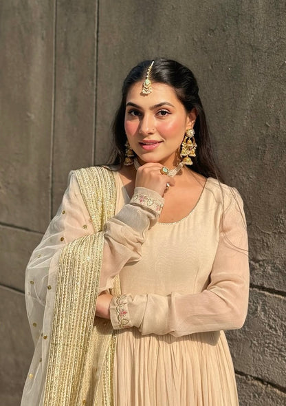 Elegance Ivory Georgette Anarkali Sharara Suit With Sequins &Zari  work
