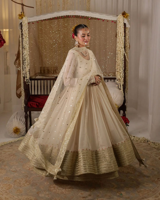 Elegance Ivory Georgette Anarkali Sharara Suit With Sequins &Zari  work