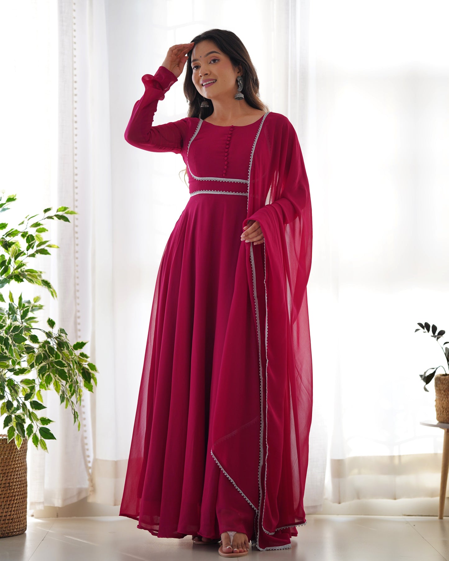Fetching Faux Georgette Fancy Neck Anarkali Pant Suit - INDIAN ELEGANCE
