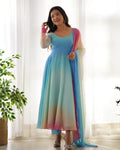 Elegant Ombre Georgette Anarkali Suit | Full Stitched Flowing Dress with Dupatta