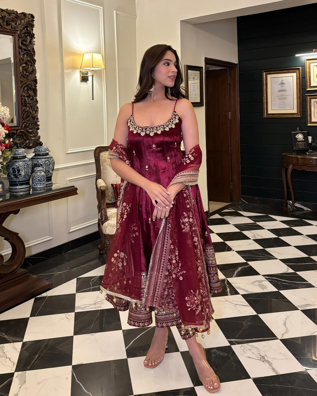 Premium Silk Wine Colour Anarkali Suit Set With Hand Embellished Embroidery