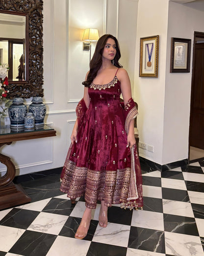 Premium Silk Wine Colour Anarkali Suit Set With Hand Embellished Embroidery