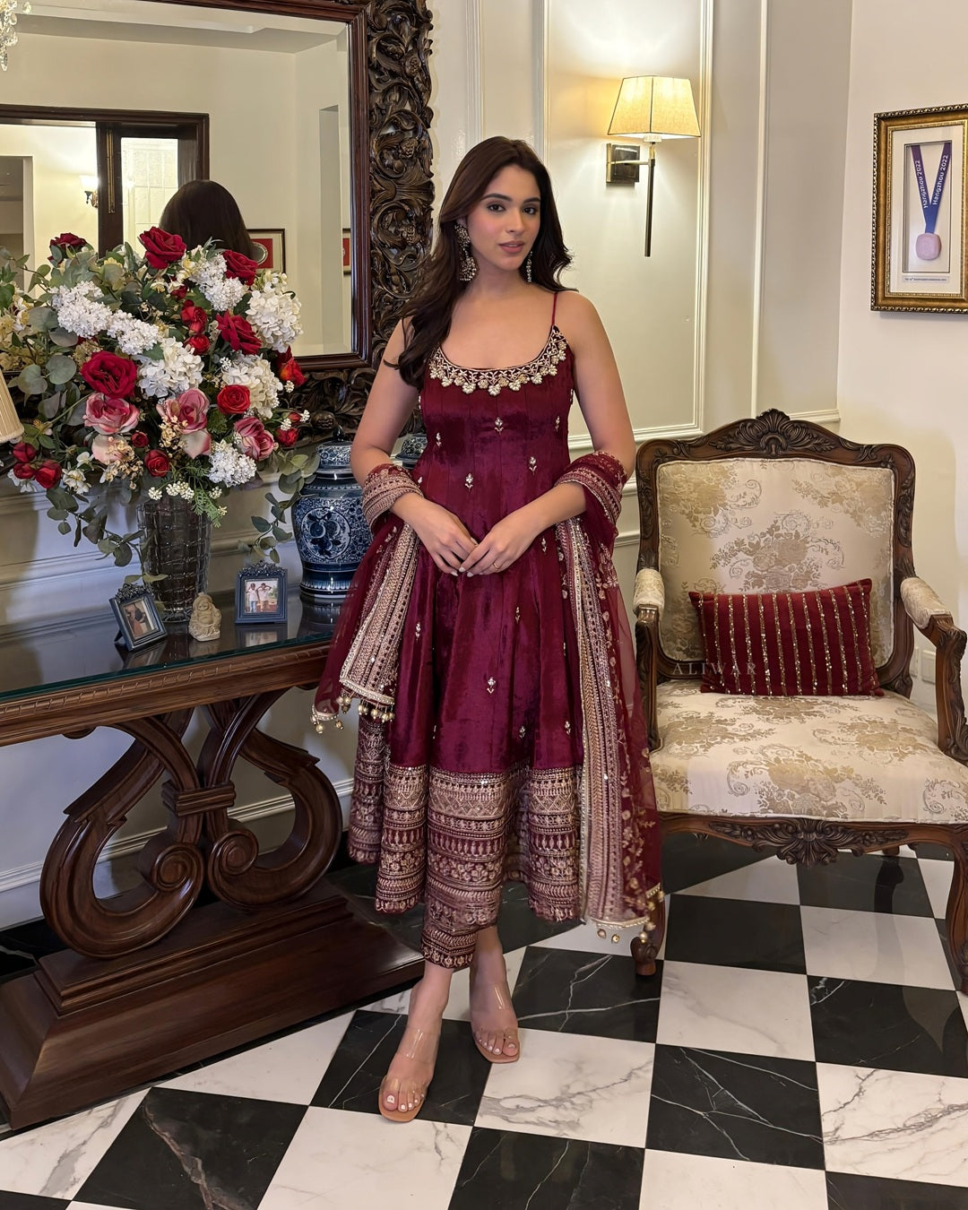 Wine Color Anarkali Set with Hand Embroidery & Designer Dupatta