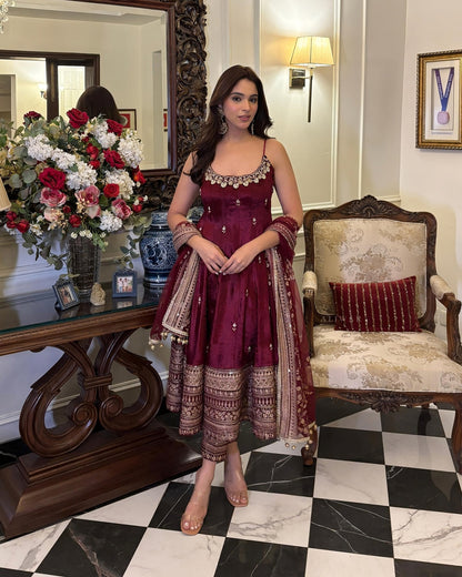 Premium Silk Wine Colour Anarkali Suit Set With Hand Embellished Embroidery