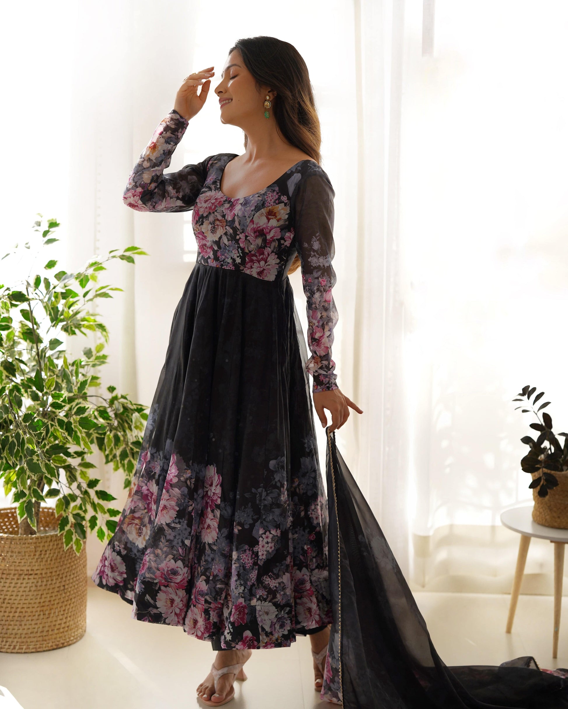 Lovely Organza Silk Floral Digital Printed Anarkali Pant Suit - INDIAN ELEGANCE
