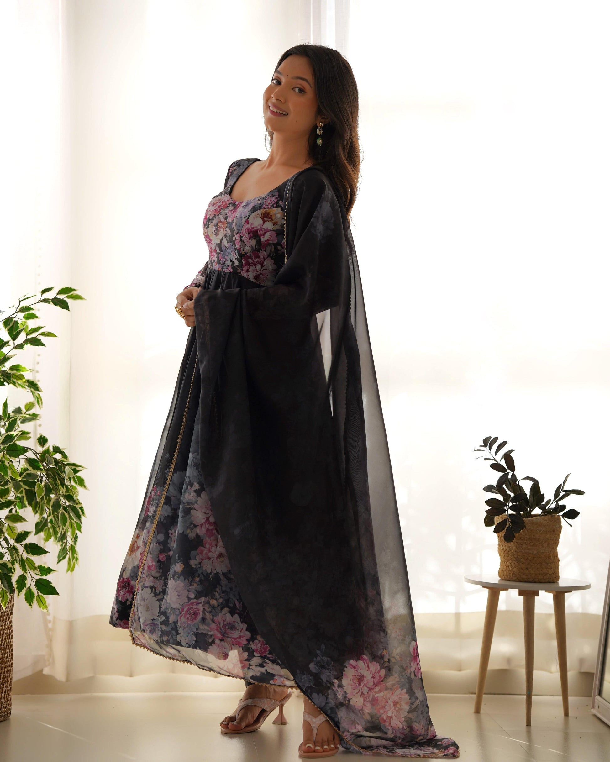 Lovely Organza Silk Floral Digital Printed Anarkali Pant Suit - INDIAN ELEGANCE