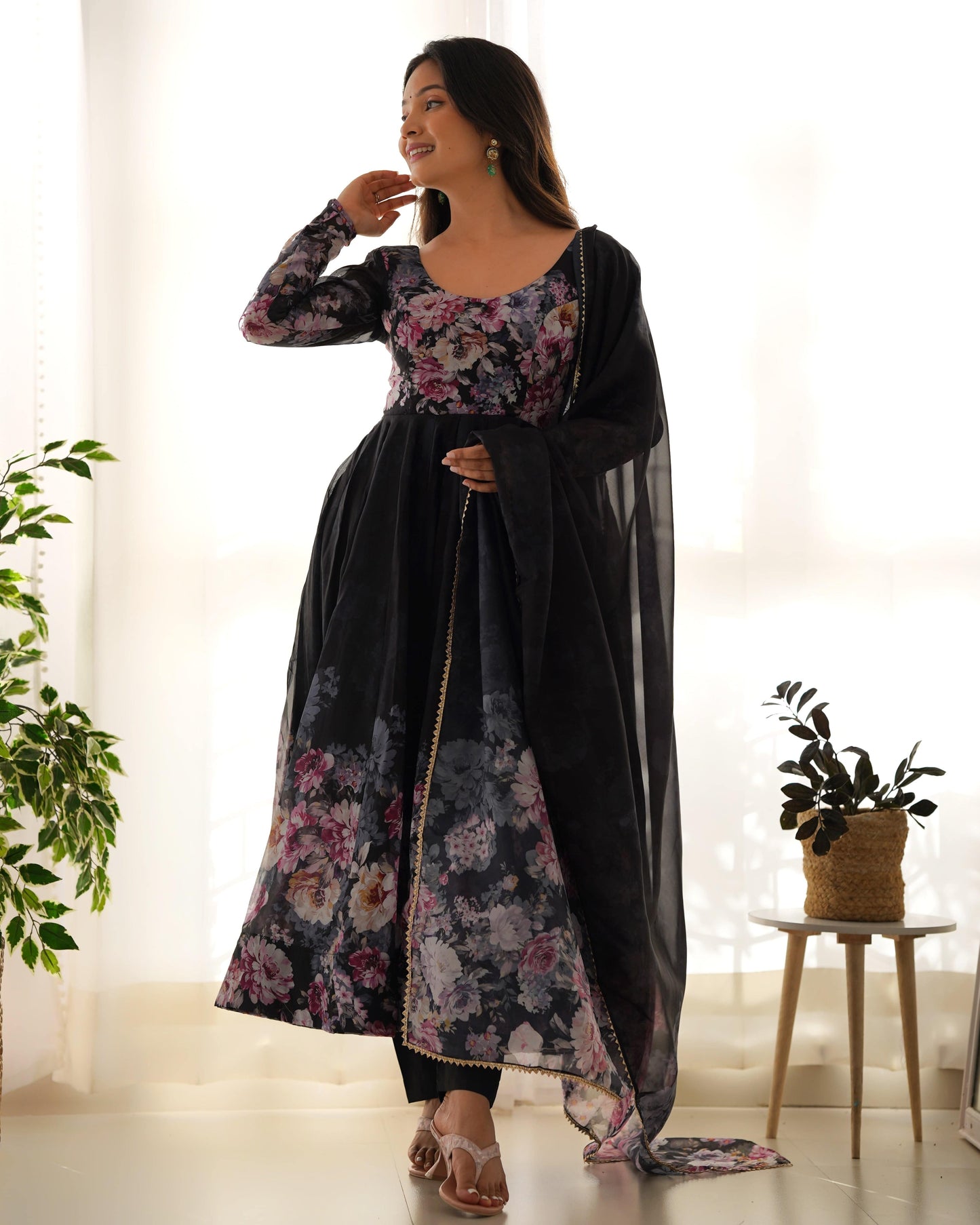 Lovely Organza Silk Floral Digital Printed Anarkali Pant Suit - INDIAN ELEGANCE