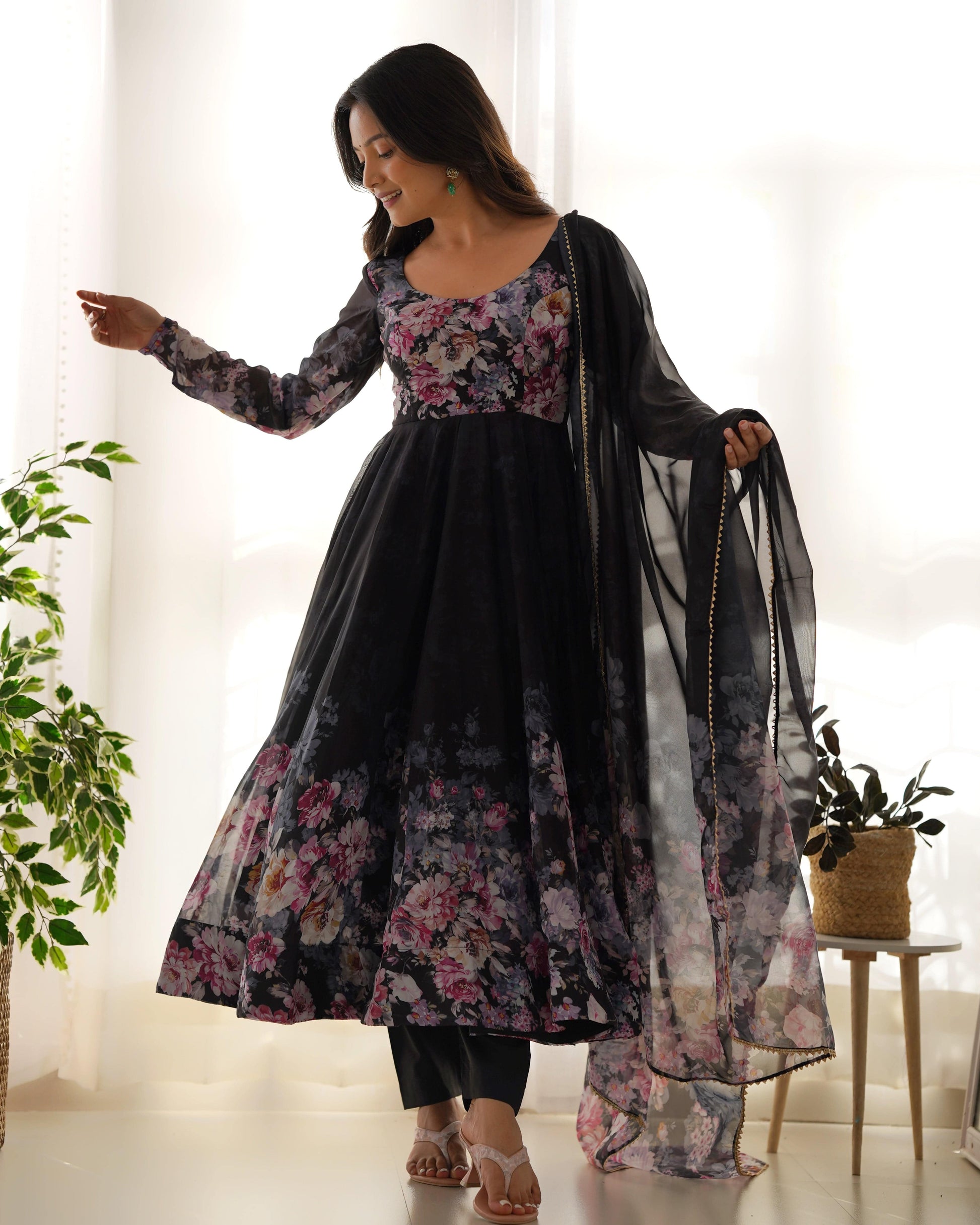 Lovely Organza Silk Floral Digital Printed Anarkali Pant Suit - INDIAN ELEGANCE