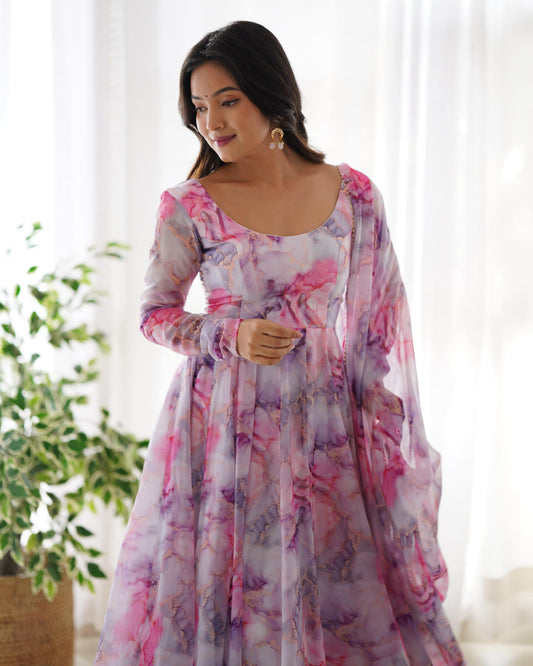 Graceful Organza Silk Floral Digital Printed Anarkali Pant Suit - INDIAN ELEGANCE