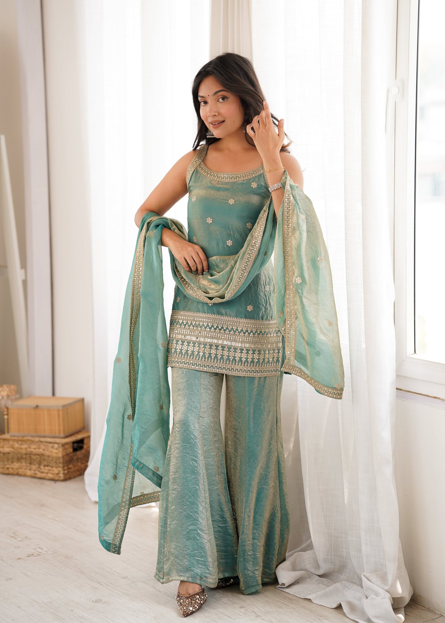 Women's Premium Fancy Silk Kurta with Bell Bottom Pant & Matching Dupatta |