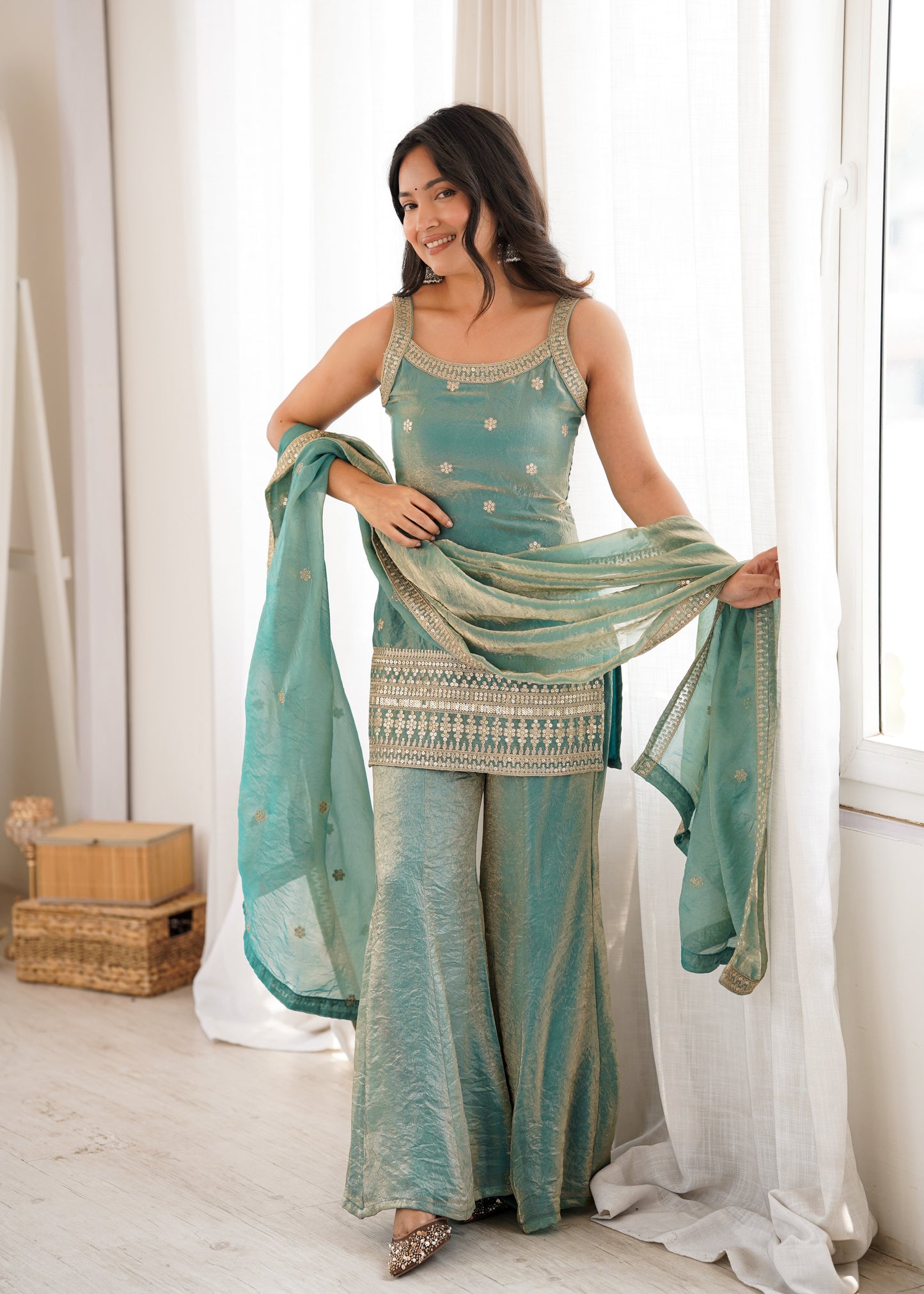 Women's Premium Fancy Silk Kurta with Bell Bottom Pant & Matching Dupatta |