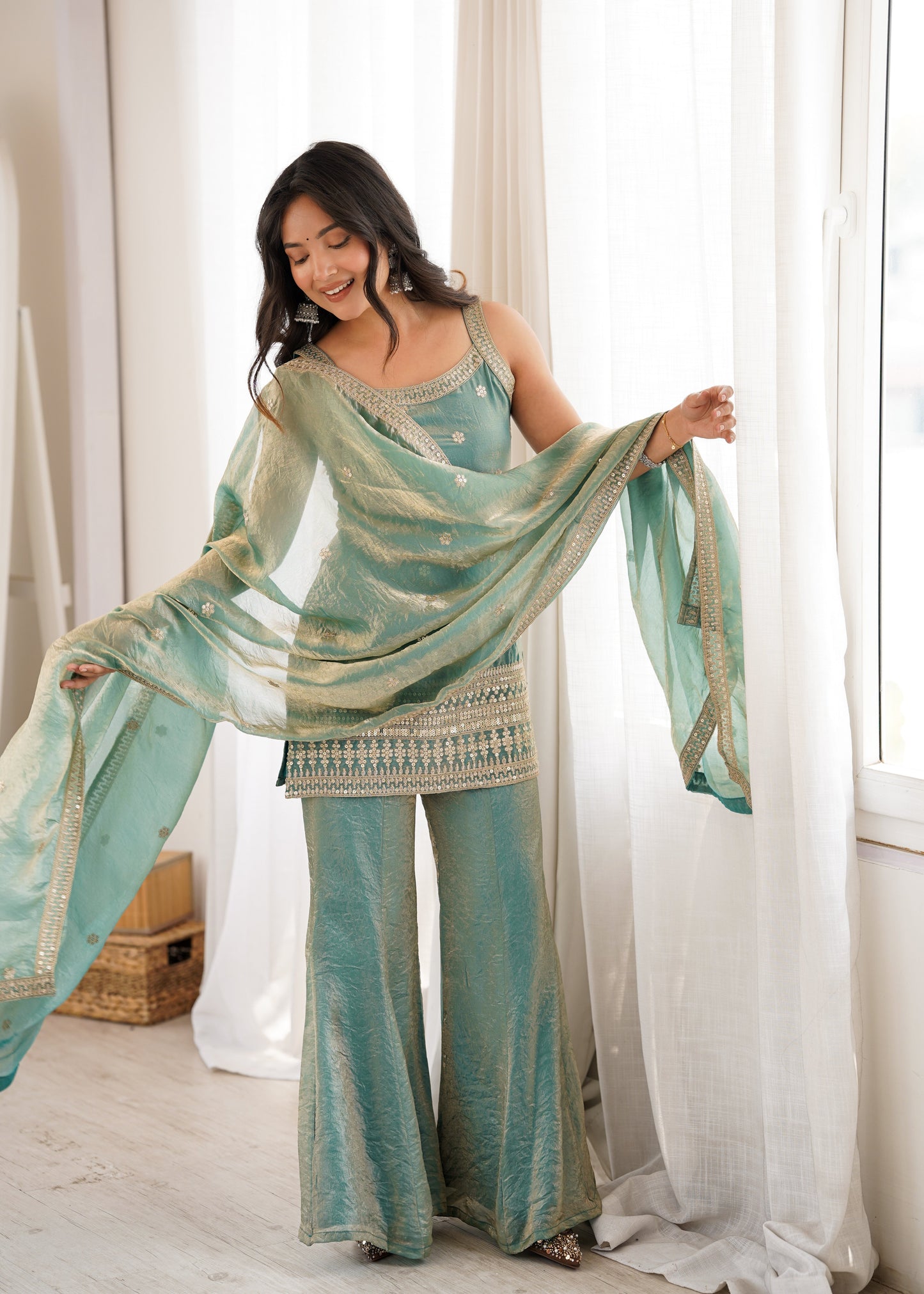 Women's Premium Fancy Silk Kurta with Bell Bottom Pant & Matching Dupatta |
