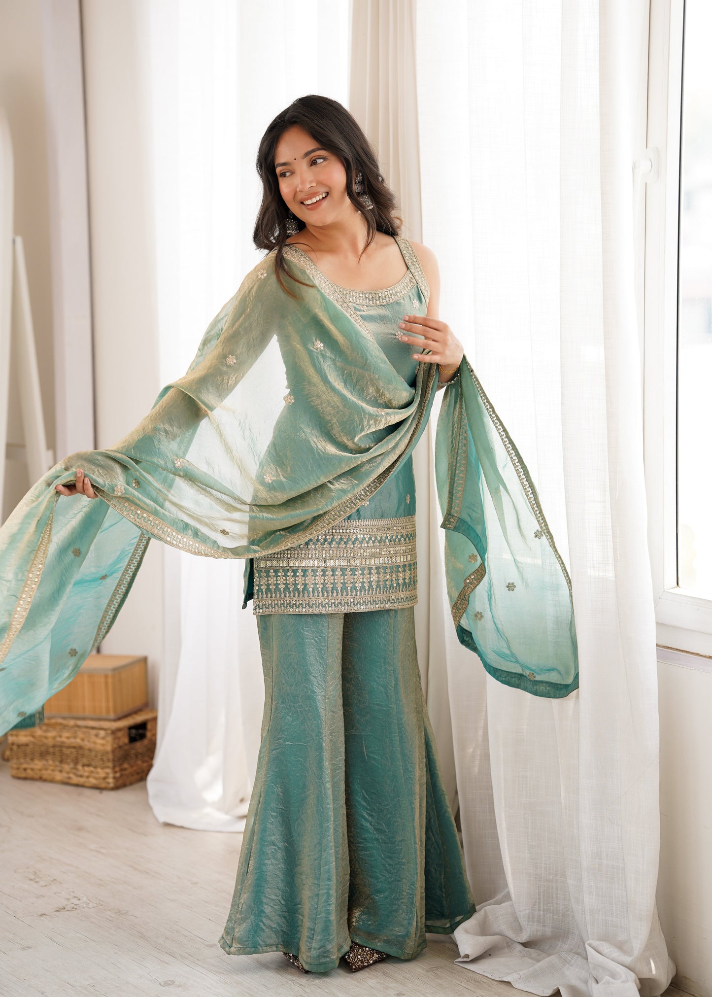 Women's Premium Fancy Silk Kurta with Bell Bottom Pant & Matching Dupatta |