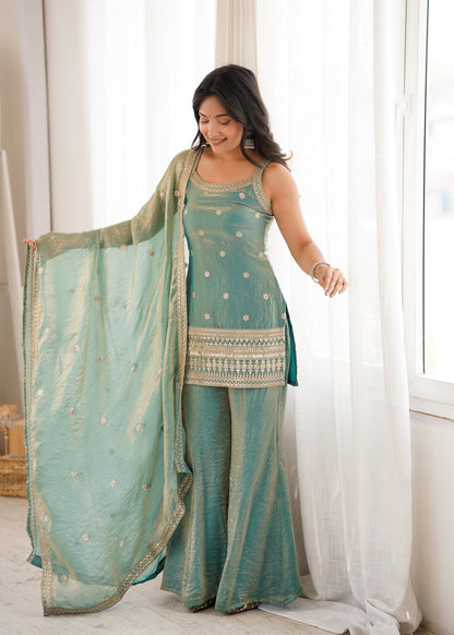Women's Premium Fancy Silk Kurta with Bell Bottom Pant & Matching Dupatta |