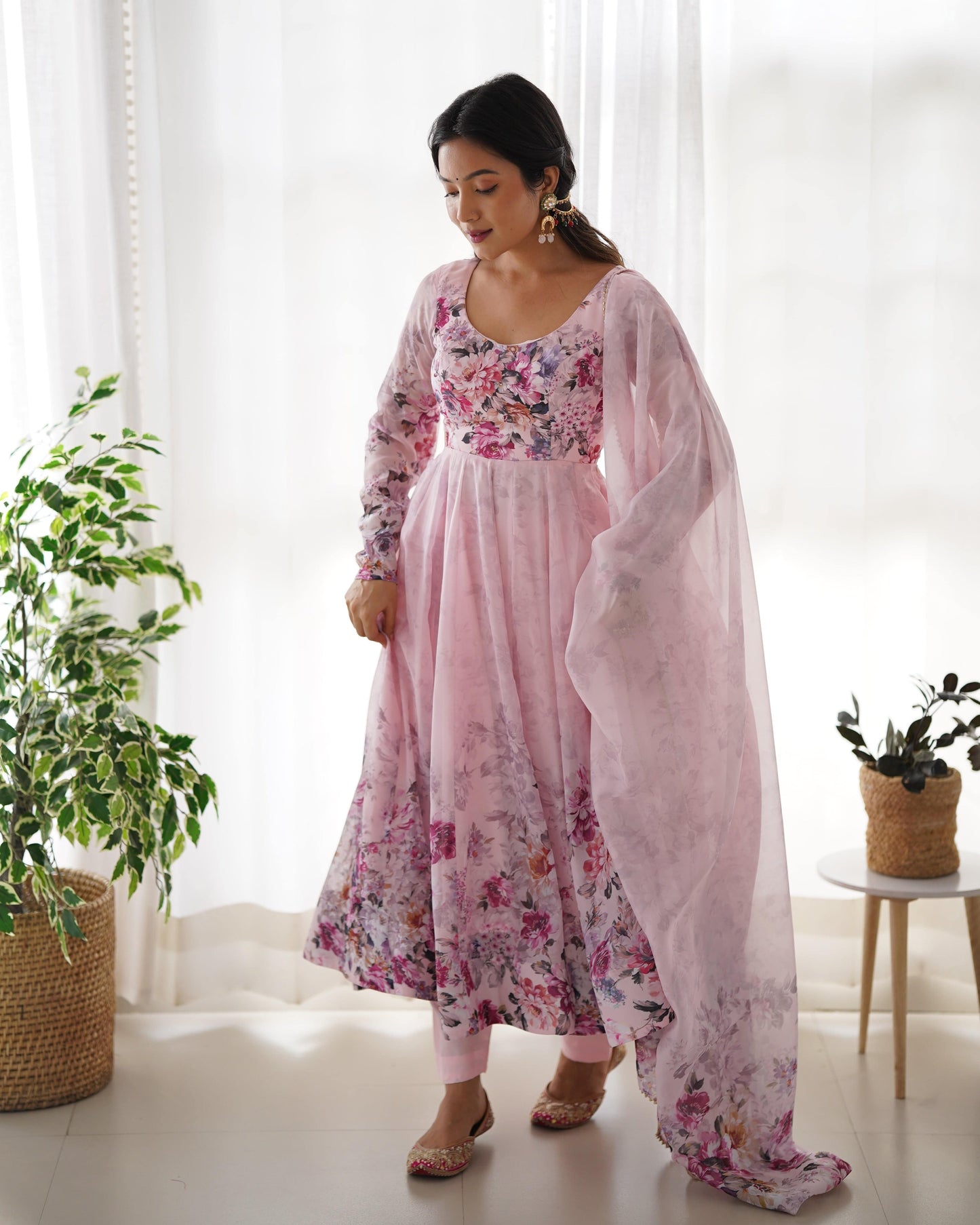 Lovely Organza Silk Floral Digital Printed Anarkali Pant Suit - INDIAN ELEGANCE