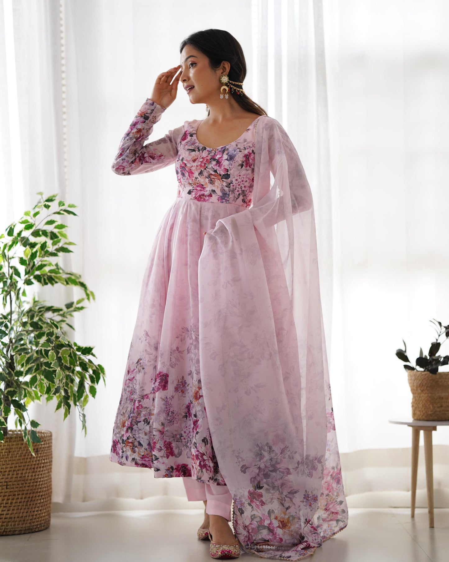 Lovely Organza Silk Floral Digital Printed Anarkali Pant Suit - INDIAN ELEGANCE