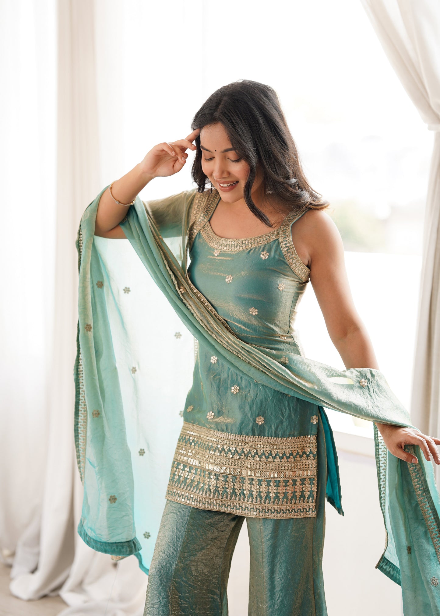 Women's Premium Fancy Silk Kurta with Bell Bottom Pant & Matching Dupatta |