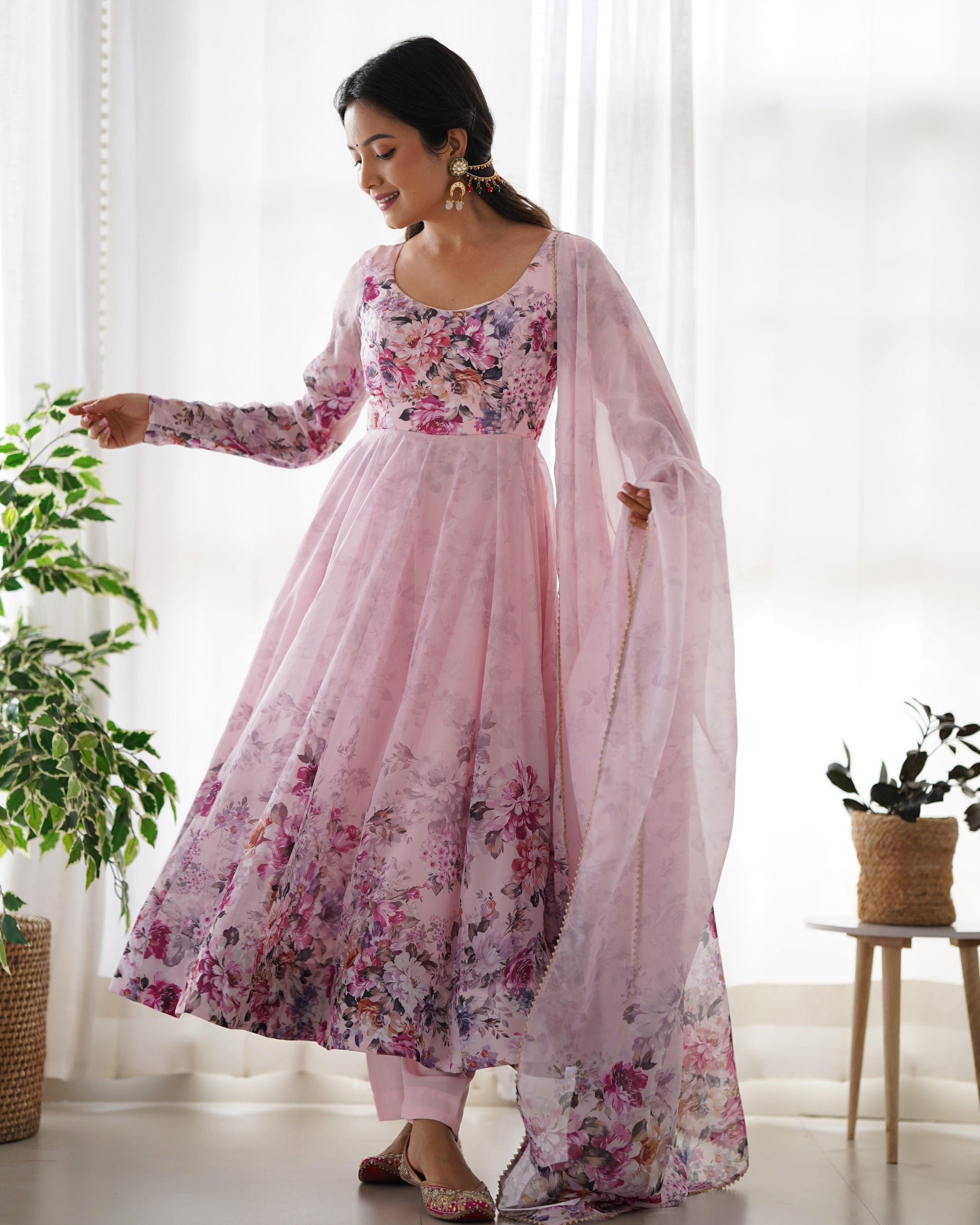 Lovely Organza Silk Floral Digital Printed Anarkali Pant Suit - INDIAN ELEGANCE