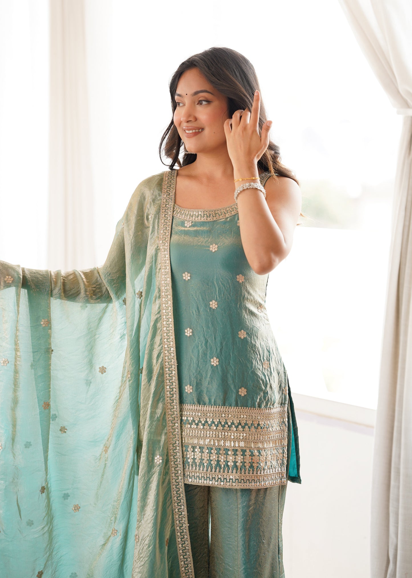 Women's Premium Fancy Silk Kurta with Bell Bottom Pant & Matching Dupatta |