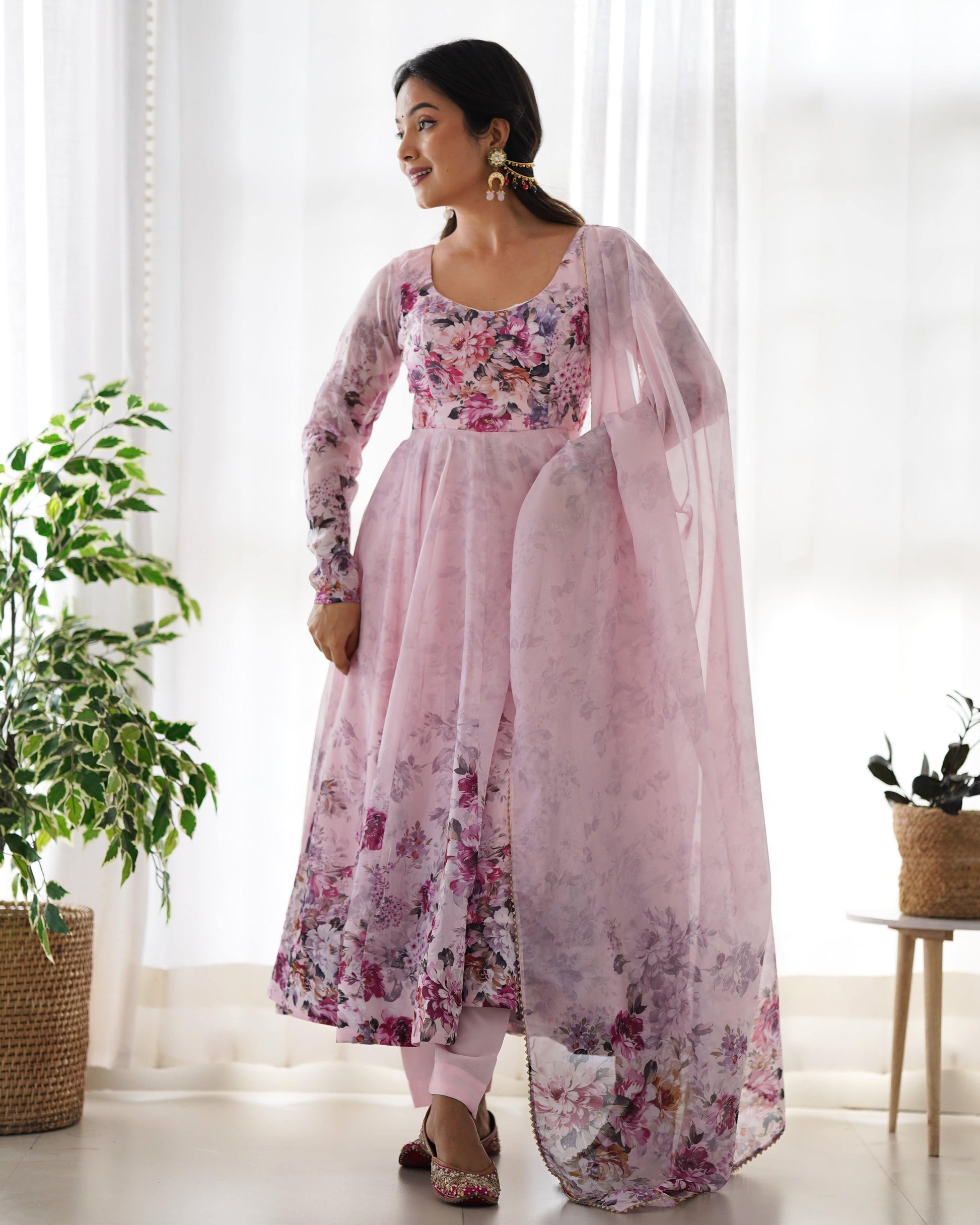 Lovely Organza Silk Floral Digital Printed Anarkali Pant Suit - INDIAN ELEGANCE